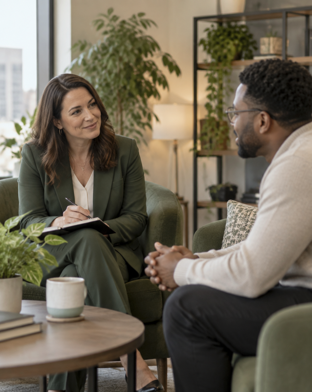 HR consultant in a one-on-one conversation with a team member in a modern office